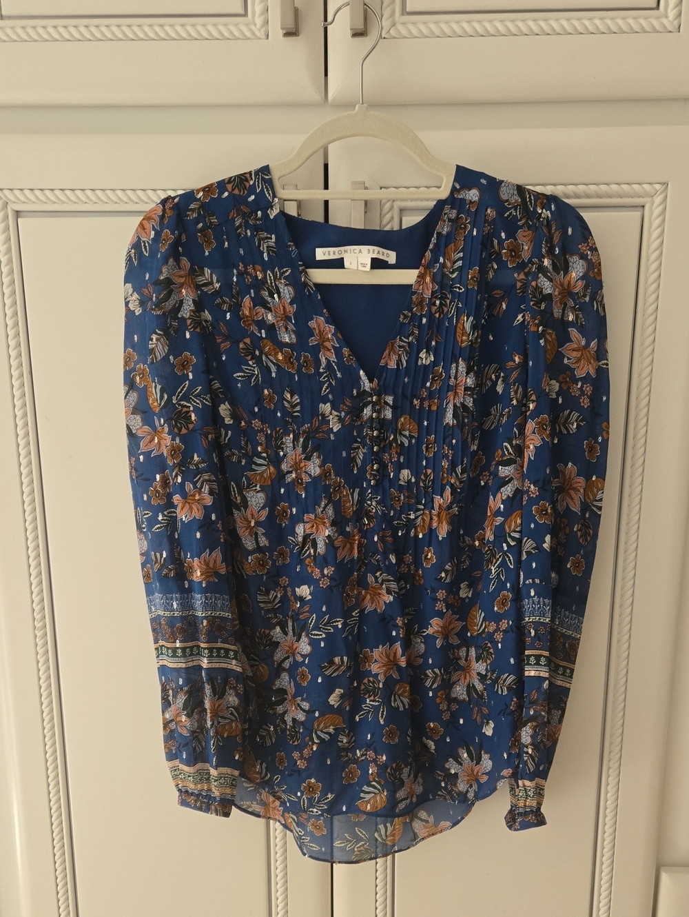 Veronica Beard  Blue Floral V-Neck Pintuck Blouse
